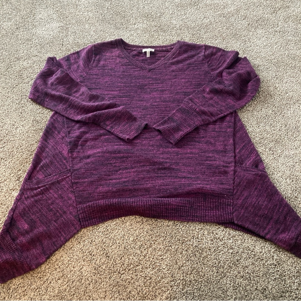 LOGO by Lori Goldstein Sz Sweater M Purple Black Marled Knit Shark-bite V Neck